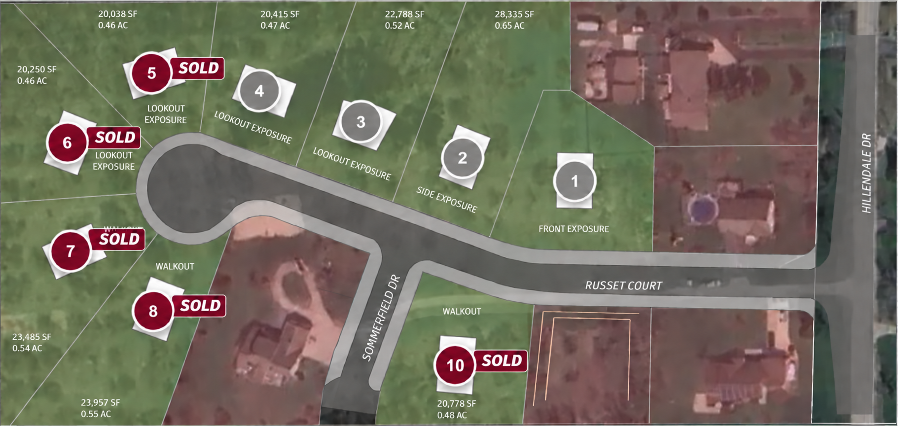 Apple Hill Estates site plan showing numbered homesites, basement exposures, roads, and surrounding properties